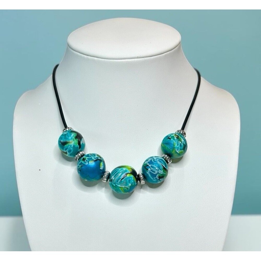 Handmade Blue & Green Large Bead Polymer Clay Necklace on Black Silicone Cord
